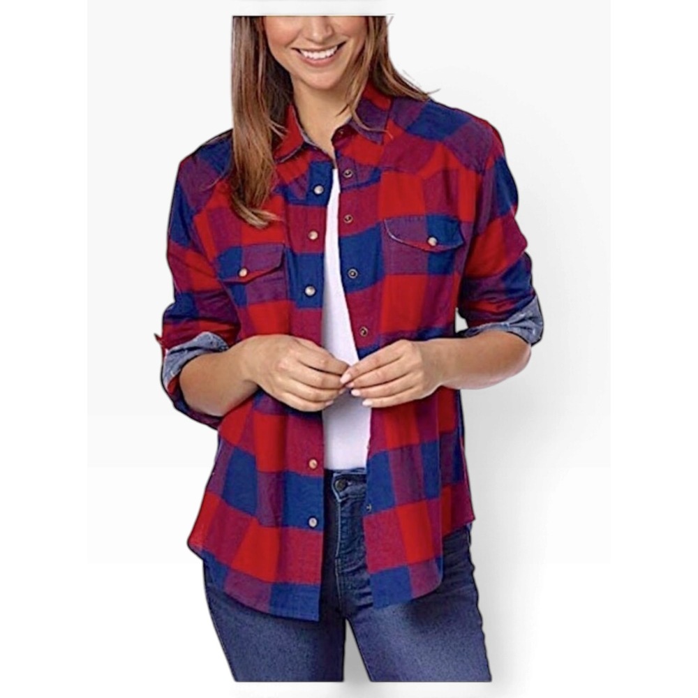 JACHS Girlfriend Womens S Red Navy Buffalo Plaid Cotton Flannel Shirt NWT